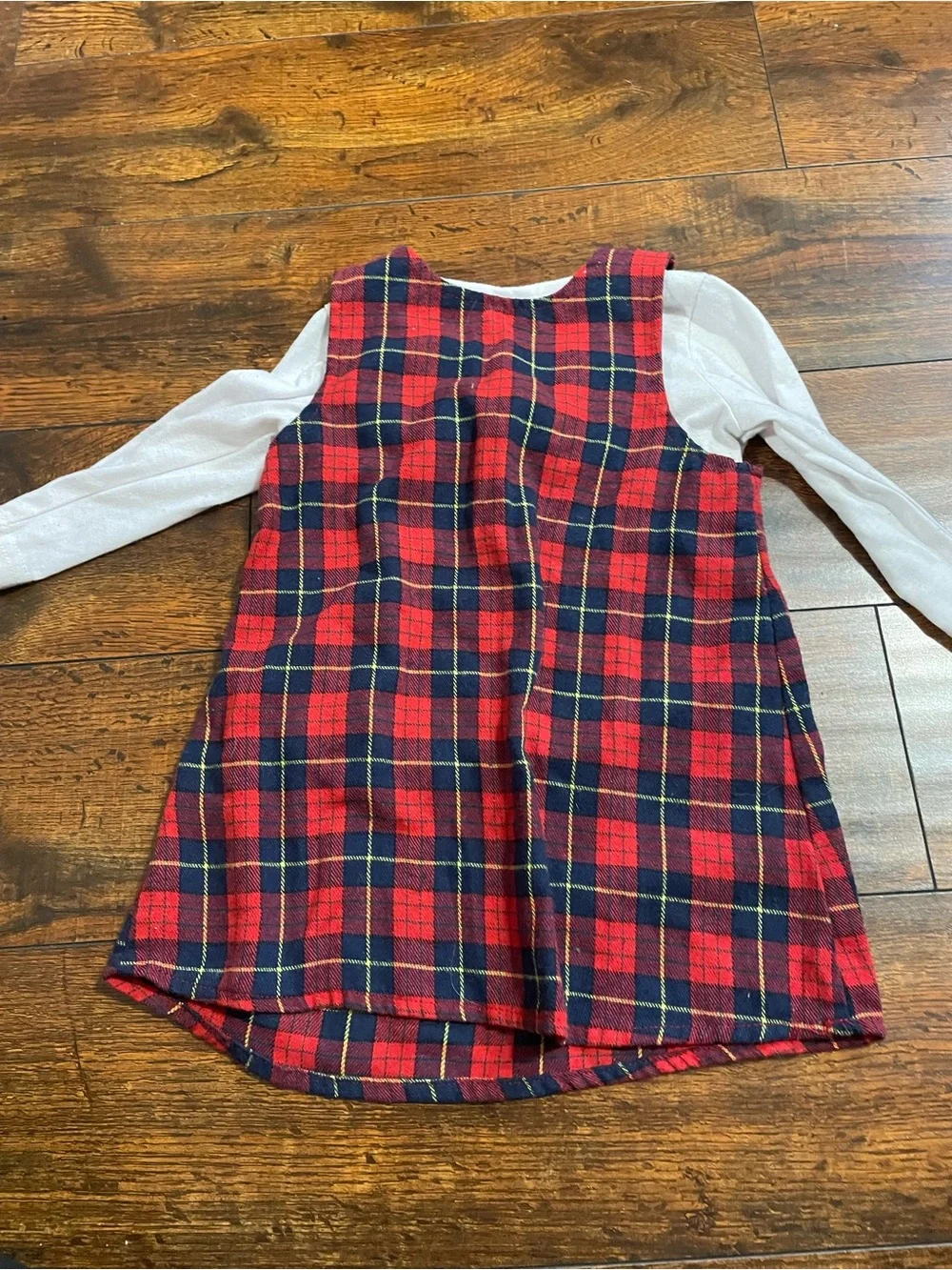 Red & Navy Plaid Pinafore Dress with Bow and Long Sleeve Shirt
